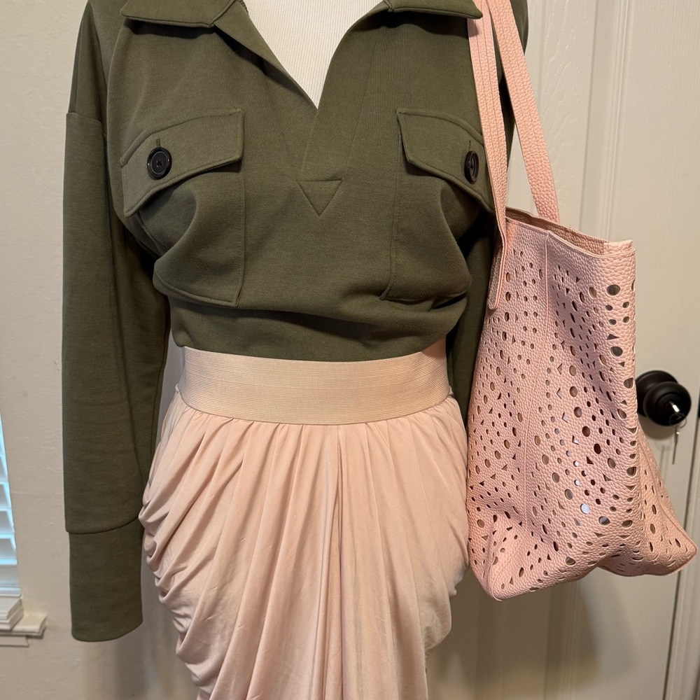 Olive Green Top and Pink Skirt with Pink Tote